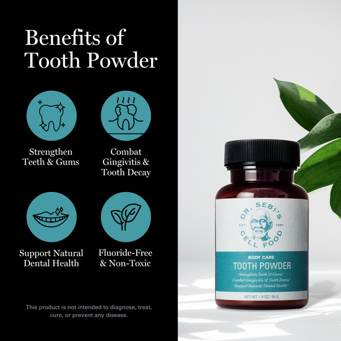 Dr. Sebi's Tooth Powder bottle with benefits infographic highlighting natural dental health support.