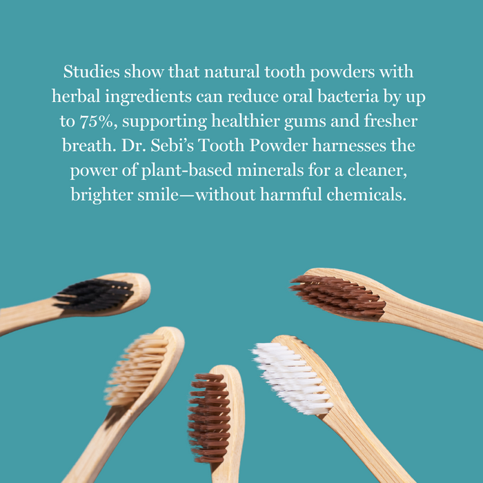 Five wooden toothbrushes with black, brown, and white bristles arranged on a turquoise background promoting natural tooth ...