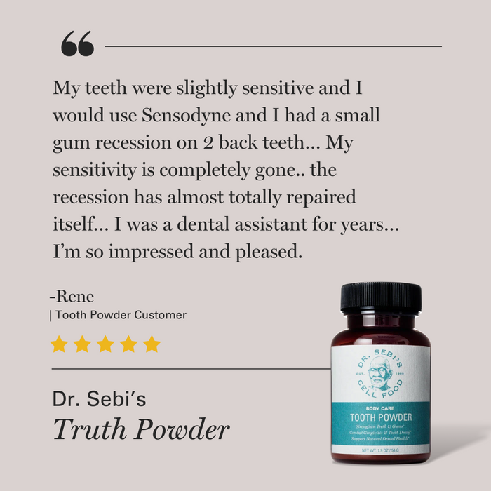 Five-star customer testimonial for Dr. Sebi's Truth Powder tooth powder highlighting sensitivity relief and gum repair ben...