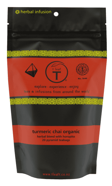 turmeric chai organic pyramids Pyramid foil pouch 20s front view | pyramid tea bags New Zealand | t leaf T