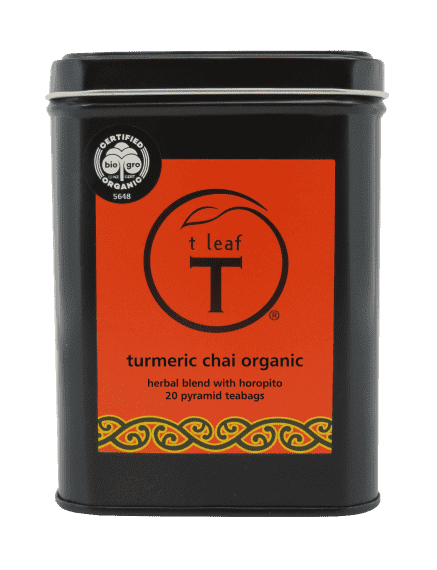 turmeric chai organic pyramids Pyramid 20s + tin side view | pyramid tea bags New Zealand | t leaf T