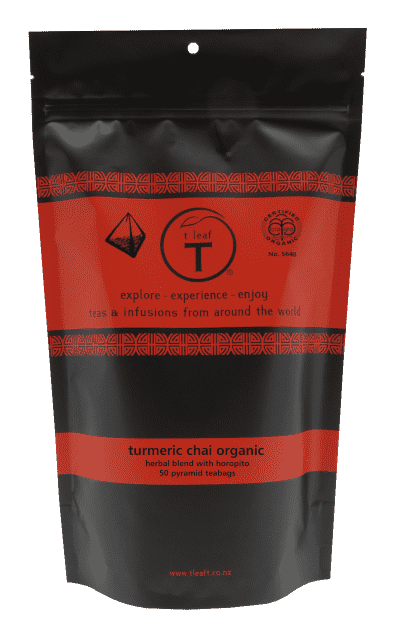 turmeric chai organic pyramids Pyramid foil pouch 50s detail view | pyramid tea bags New Zealand | t leaf T