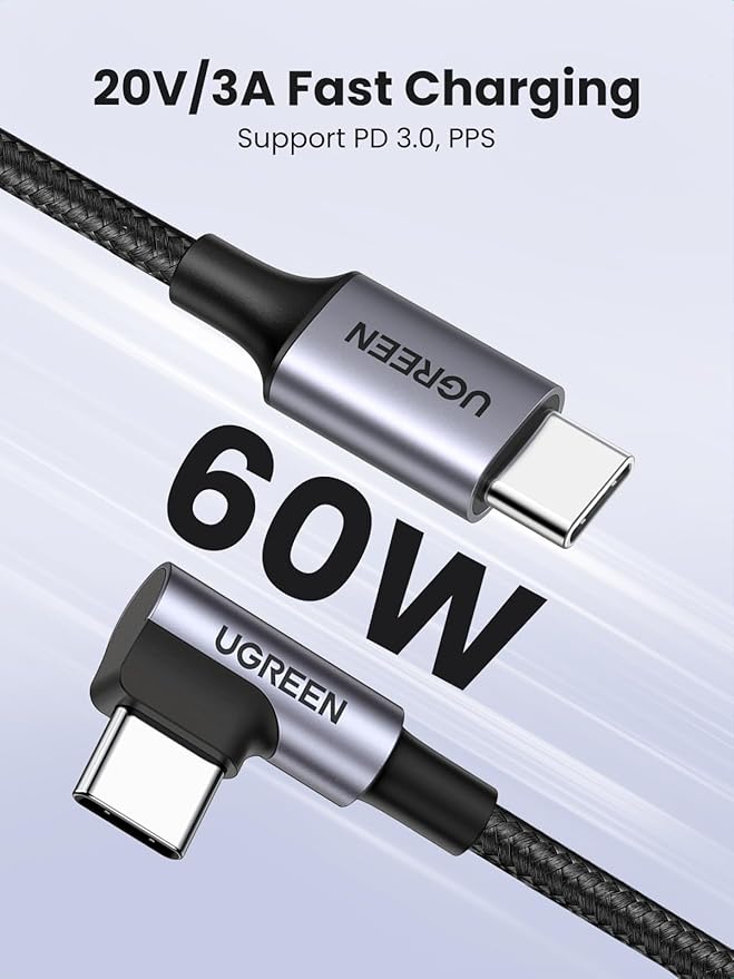 UGREEN 60W USB C to USB C Cable (Right Angle, 1m) - Image 2 - Office R Us