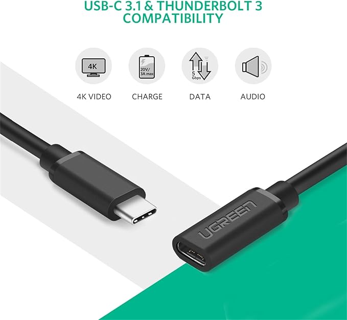 UGREEN USB-C Extension Cable (0.5m, USB 3.1 Gen 2, Black) - Image 2 - Office R Us