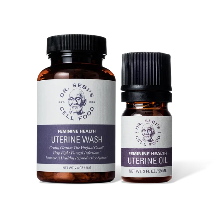 Dr. Sebi's Feminine Health Uterine Wash and Uterine Oil bottles displayed together against a white background.