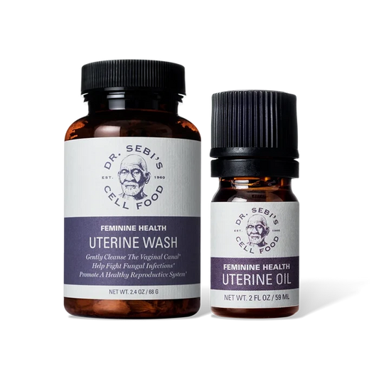 Dr. Sebi's Feminine Health Uterine Wash and Uterine Oil bottles displayed together against a white background.