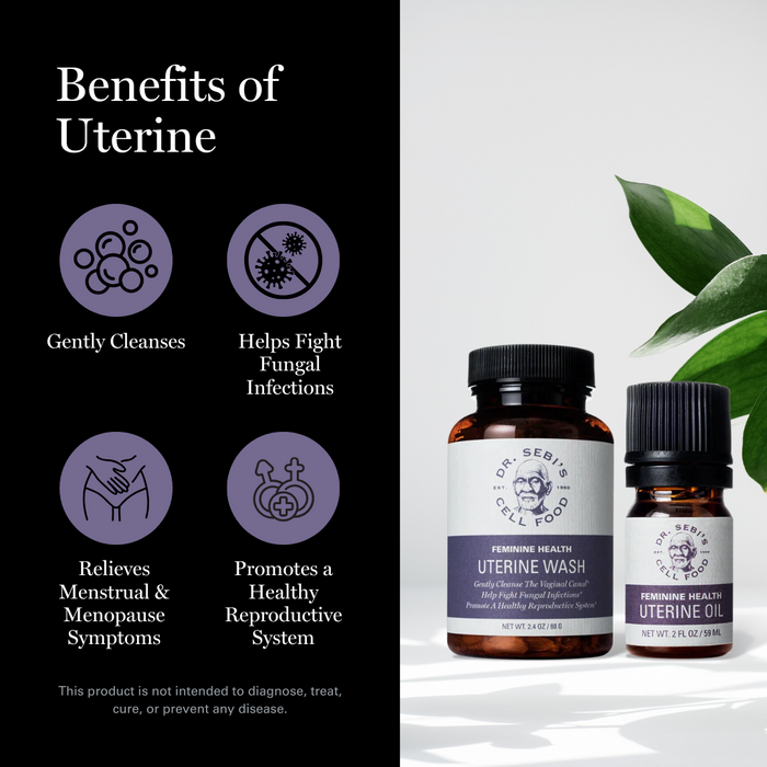 Dr. Sebi Uterine Wash and Uterine Oil with benefits infographic highlighting cleansing, fungal infection support, menstrua...