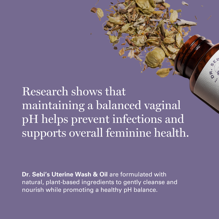 Dr. Sebi's Uterine Wash & Oil bottle with dried herbs on purple background highlighting pH balance benefits.
