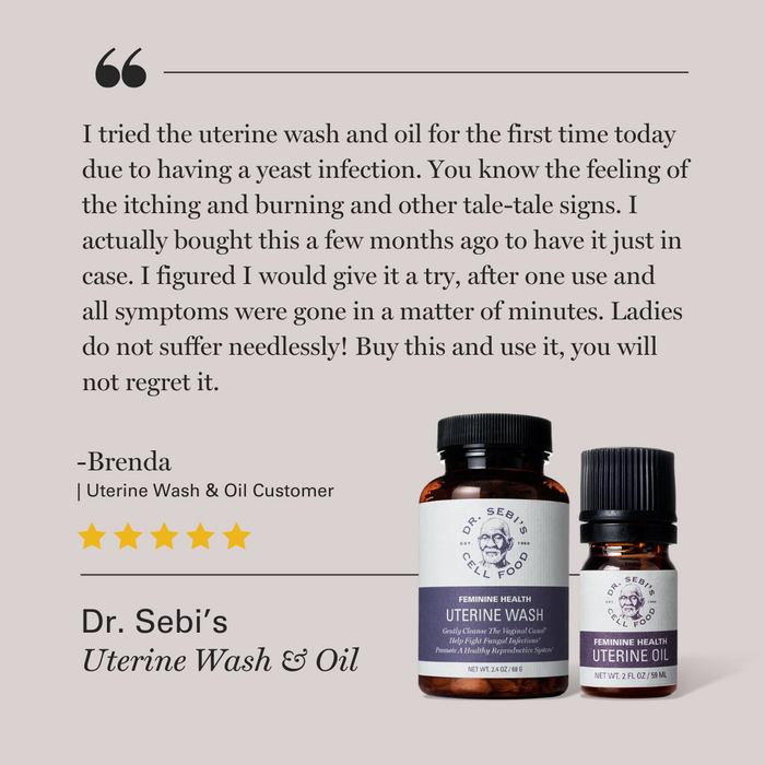 Five-star customer review for Dr. Sebi's Uterine Wash & Oil featuring testimonial from Brenda with product bottles displayed.