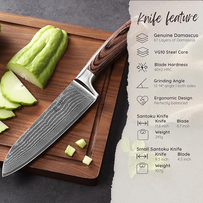 Wakoli EDIB 2-Piece Santoku Knife Set, 67-Layer Damascus Steel, VG10 Core