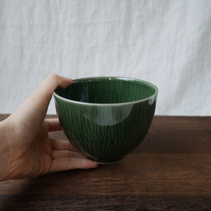 Yamani - Miyama Tableware: "Crease" Matcha Bowl Oribe Green - Yunomi.life